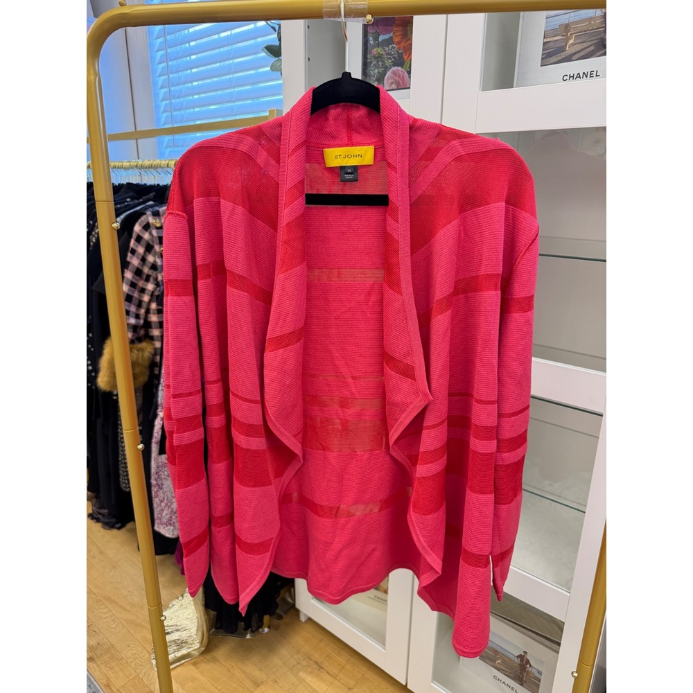 St John Collection Cardigan Womens XL Pink Red Striped Sheer Wool Blend Luxury